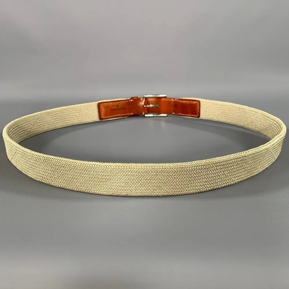 ERMENEGILDO ZEGNA Size 38 Cream Brown Mixed Fabrics Leather Elastic Belt